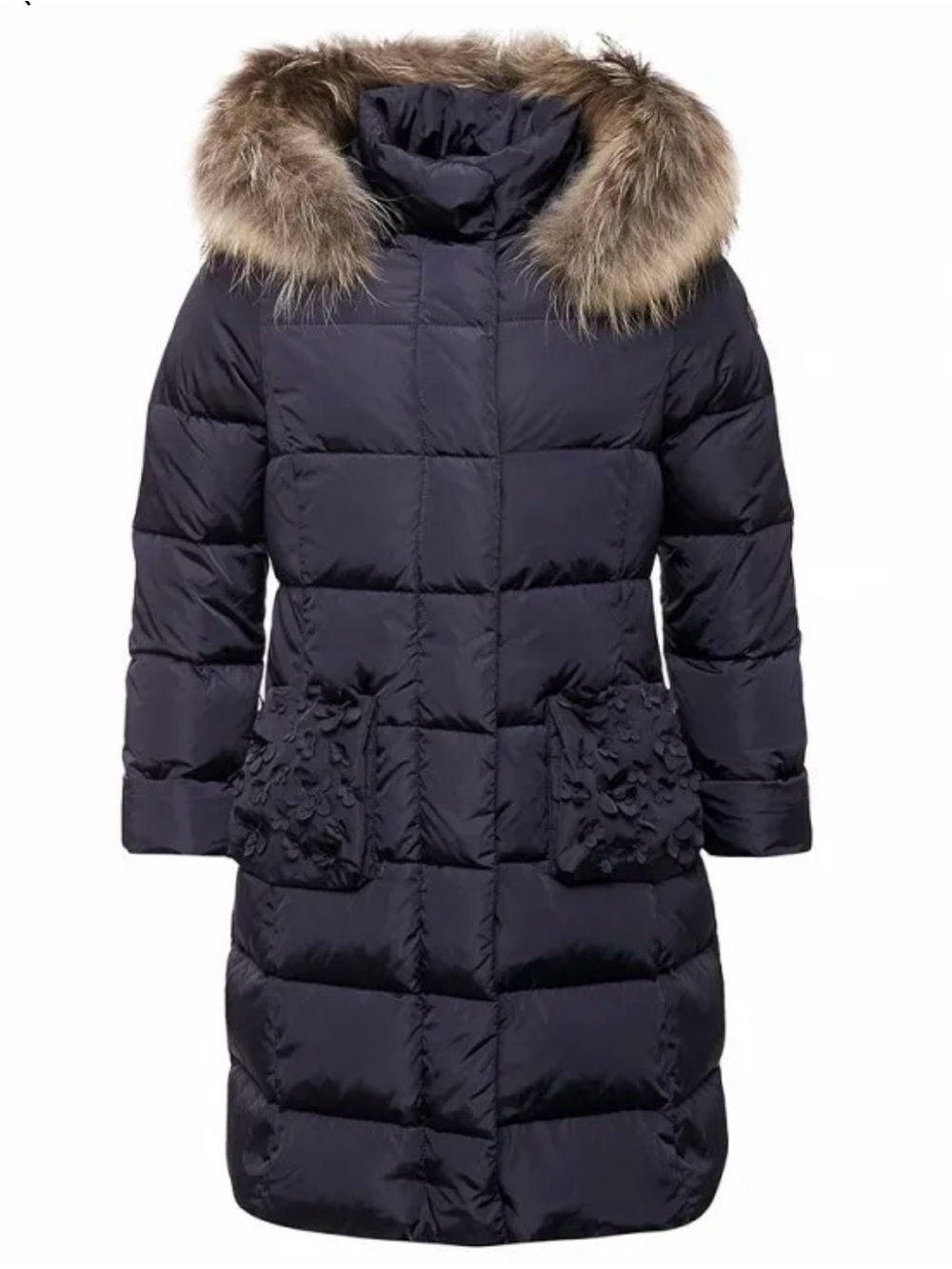 Il Gufo Girls Down Puffer Long Jacket/Coat with Fur Hood, Navy, 6Y